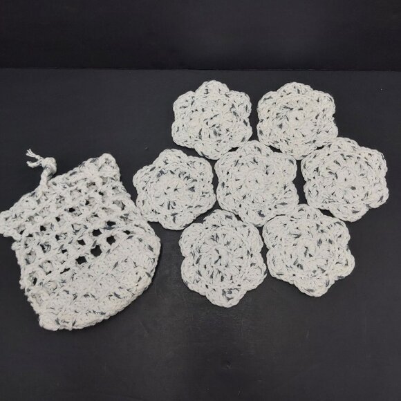 Crochet Eco-Friendly Spa Set 11 Pieces Cloth Pads Mitt Pouches White Gray New - Picture 3 of 15